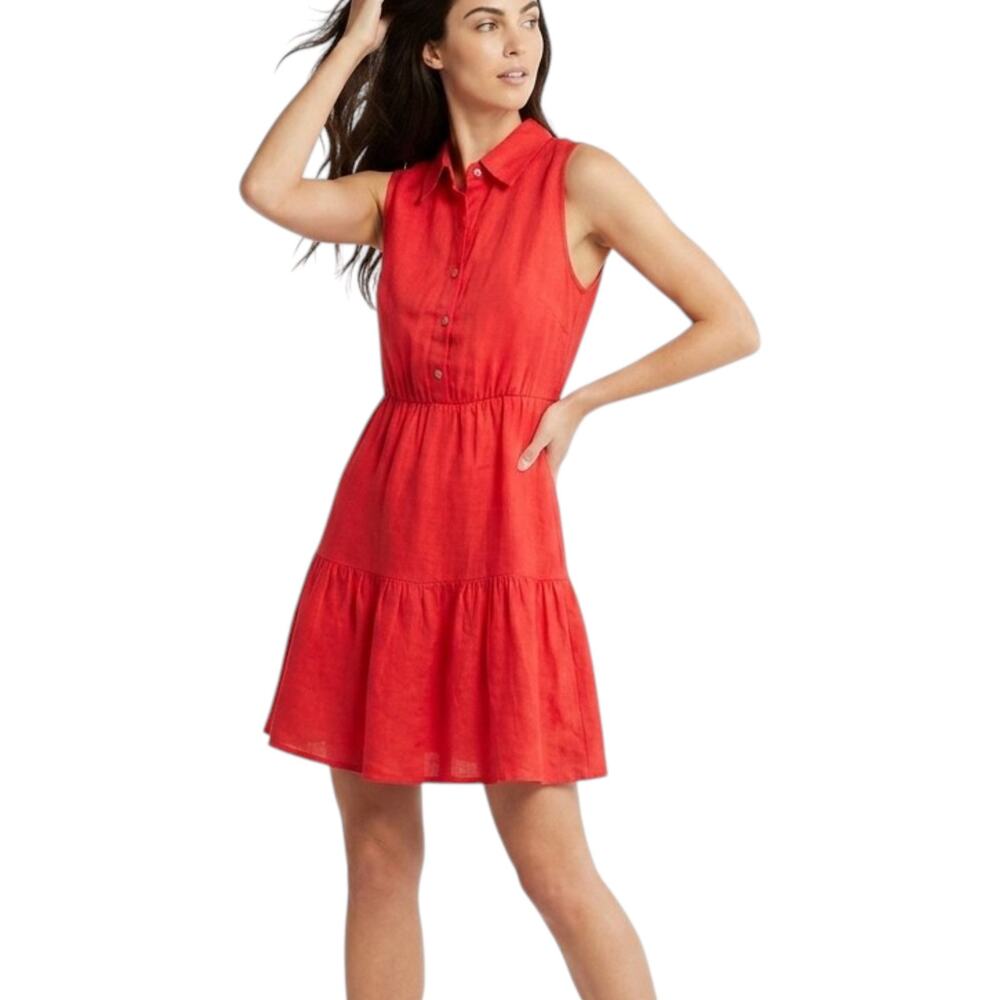 NWT LE RAGAZZE Women's Linen Made in Italy Botton Front Tiered Mini Dress